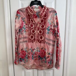 Vintage Goa Embroidered Floral Boho Peasant Top Blouse Blue 100% Cotton S India